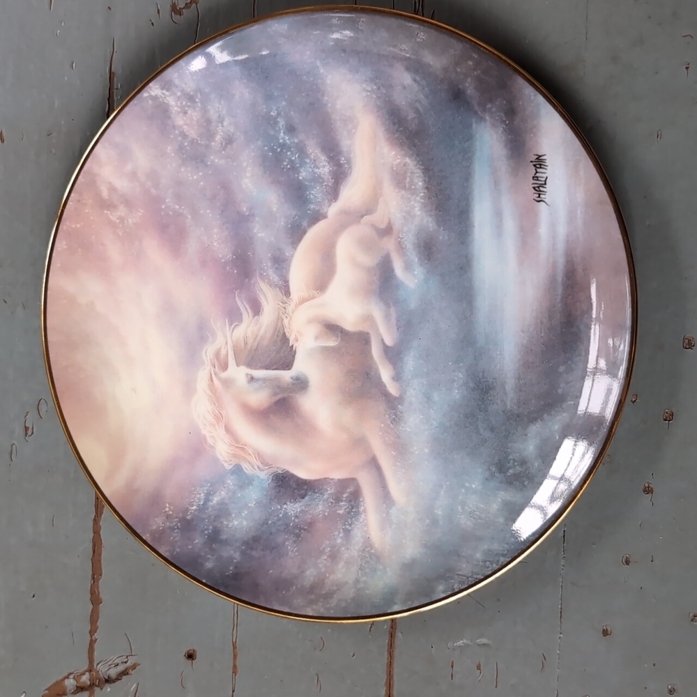 Vintage collectable ceramic unicorn plate by Jack Shalatain